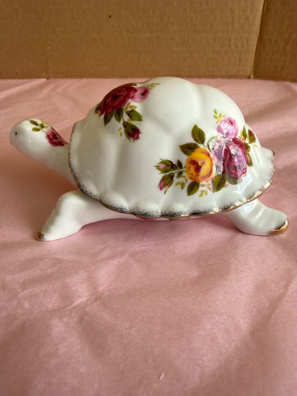Vintage Cottage Rose Fine Bone China Turtle Tortoise Trinket Box Miniatures